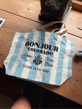 Sezane Blue and Cream Striped 'Bonjour Colorado' Canvas Tote